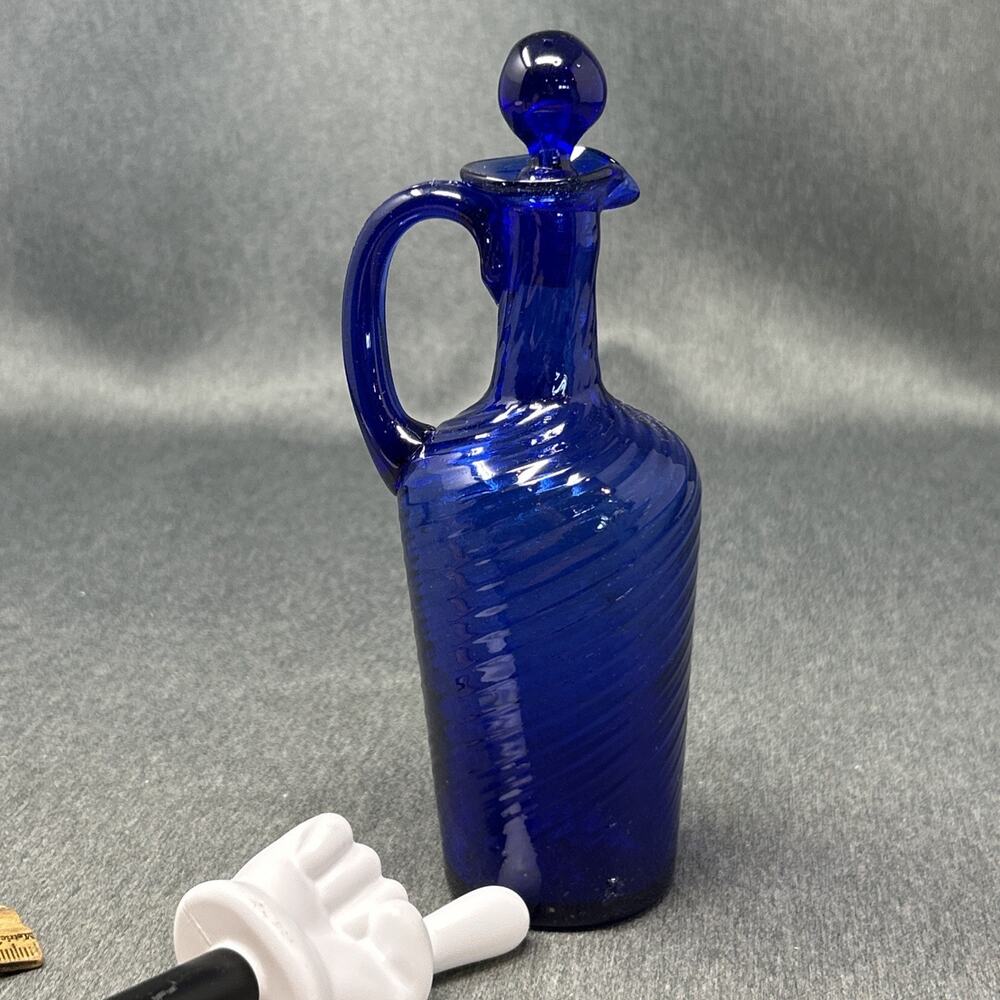 OOAK Cobalt Blue Glass Decanter Cruet Bottle Stopper Optic Swirl Applied Handle - Picture 2 of 14